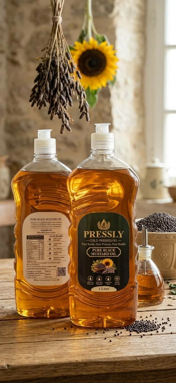 PRESSLY’s original bottles and seeds on a wooden table